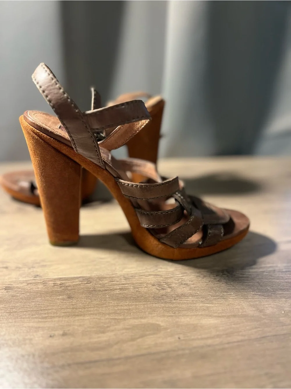 7 For All Mankind Brown Leather Strappy Platform Heels, size 8.5